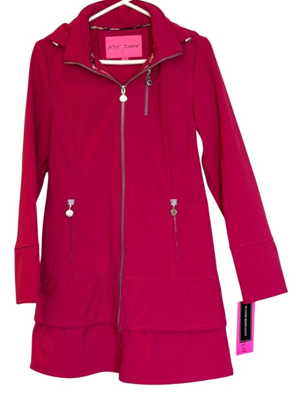 Betsey Johnson Ruffle Hem Hooded Jacket Coat Pink Tourmaline Size M NWT